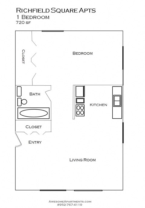 Floor plan for 1 bed, 1 bath, 605 sqft